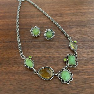 1928 Necklace and Earrings Set with Green and Yellow Stones